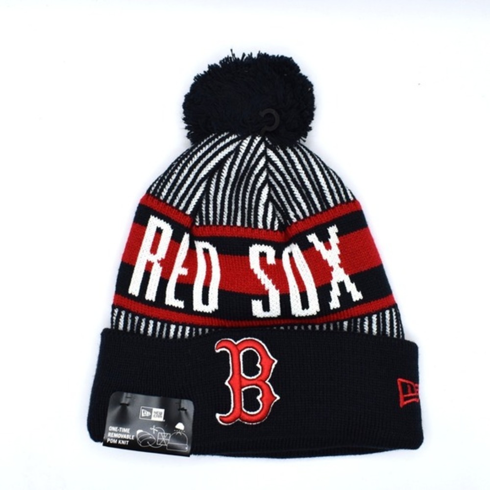 New Era Boston Red Sox MLB Striped Cuffed Knit Hat Cap Beanie Pom‎ Navy NWT OSFM